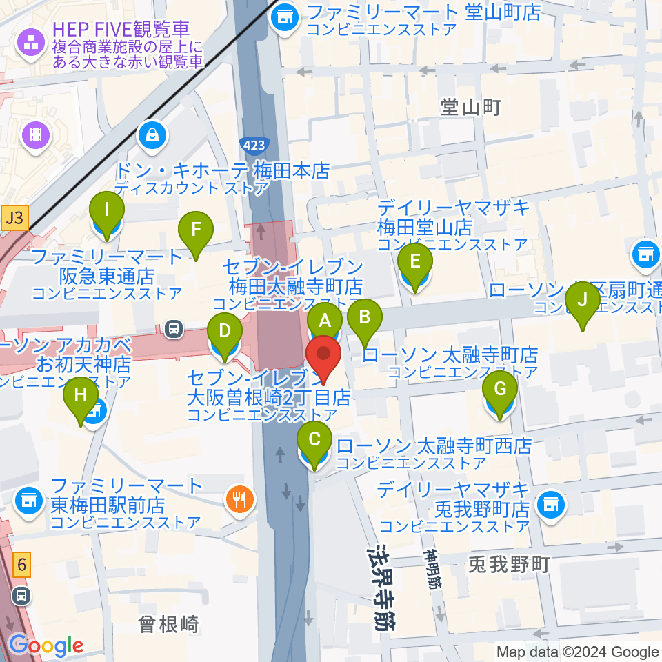 梅田クラブクアトロ周辺のコンビニエンスストア一覧地図