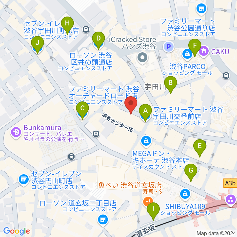 渋谷クラブクアトロ周辺のコンビニエンスストア一覧地図