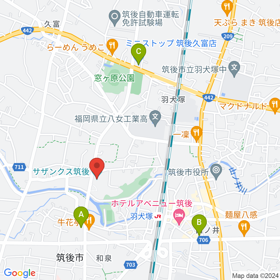 サザンクス筑後周辺のコンビニエンスストア一覧地図