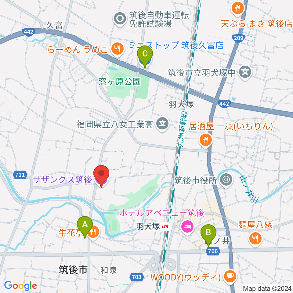 サザンクス筑後周辺のコンビニエンスストア一覧地図