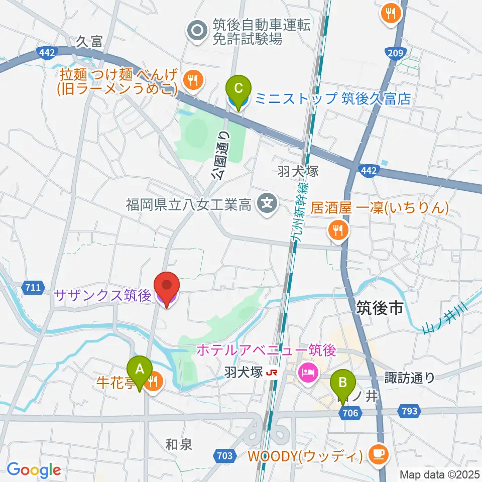 サザンクス筑後周辺のコンビニエンスストア一覧地図