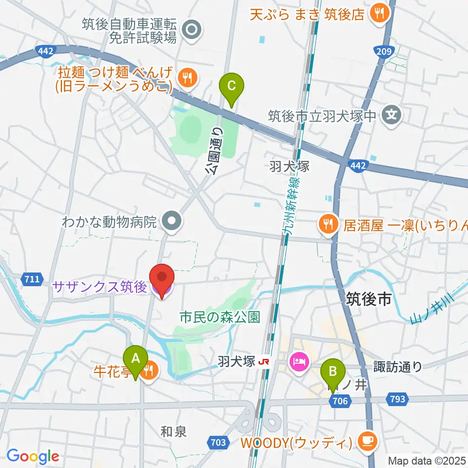 サザンクス筑後周辺のコンビニエンスストア一覧地図