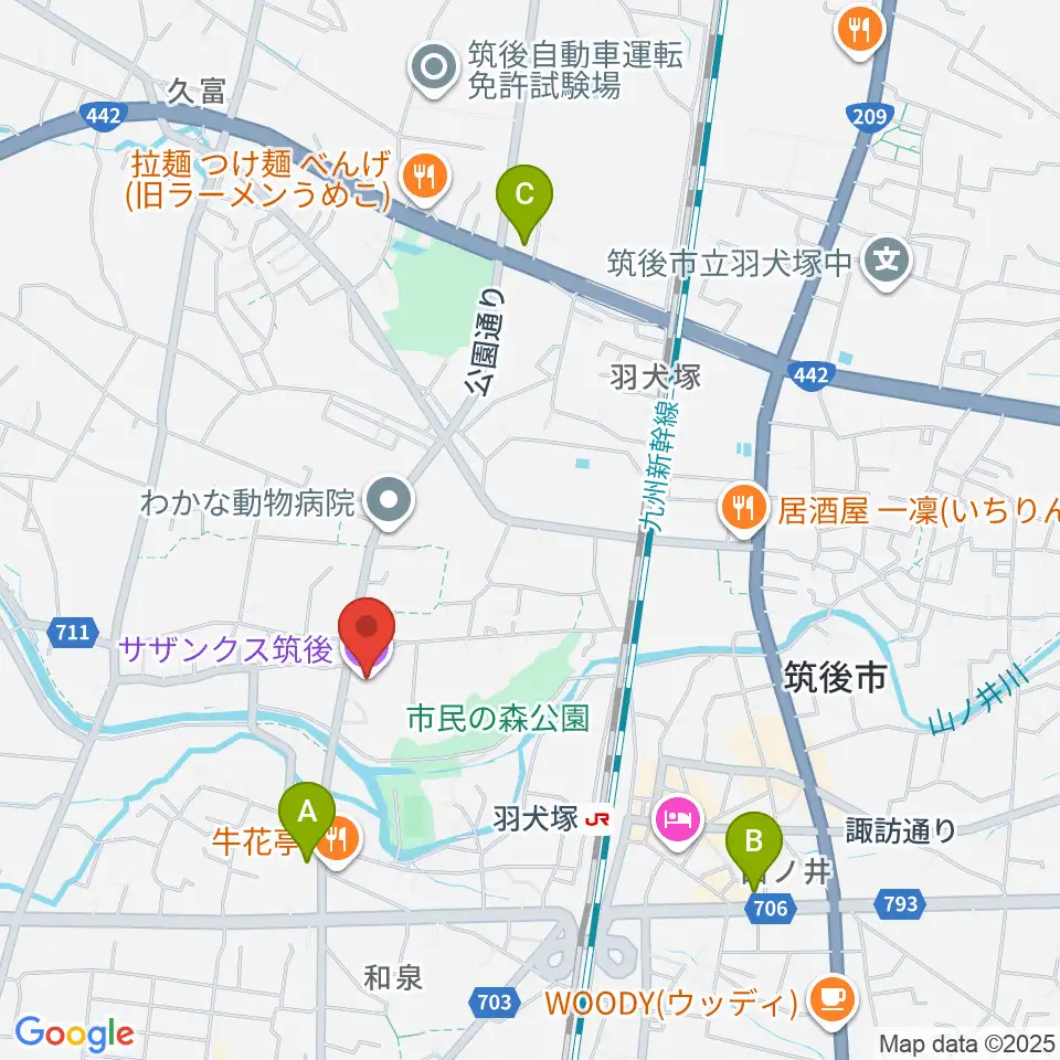サザンクス筑後周辺のコンビニエンスストア一覧地図