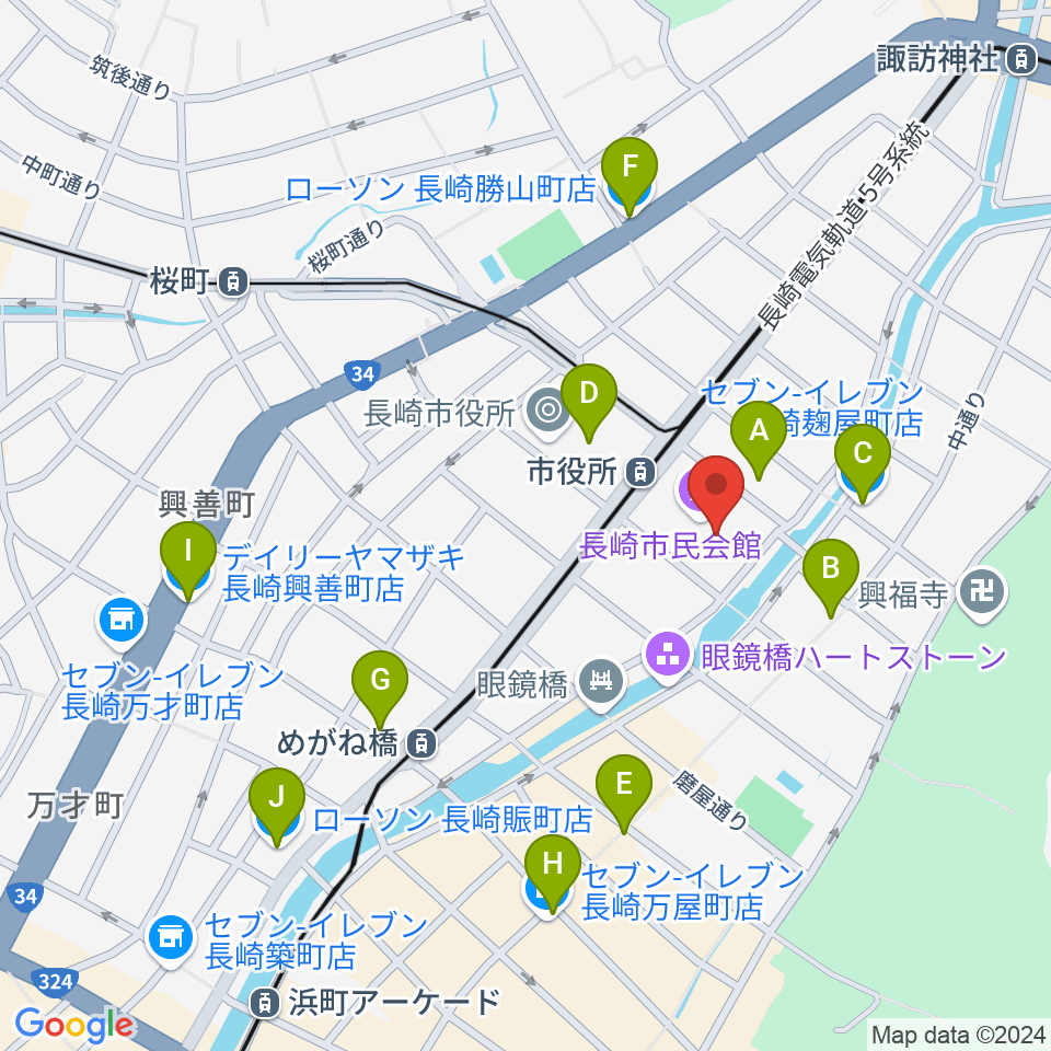 長崎市民会館周辺のコンビニエンスストア一覧地図