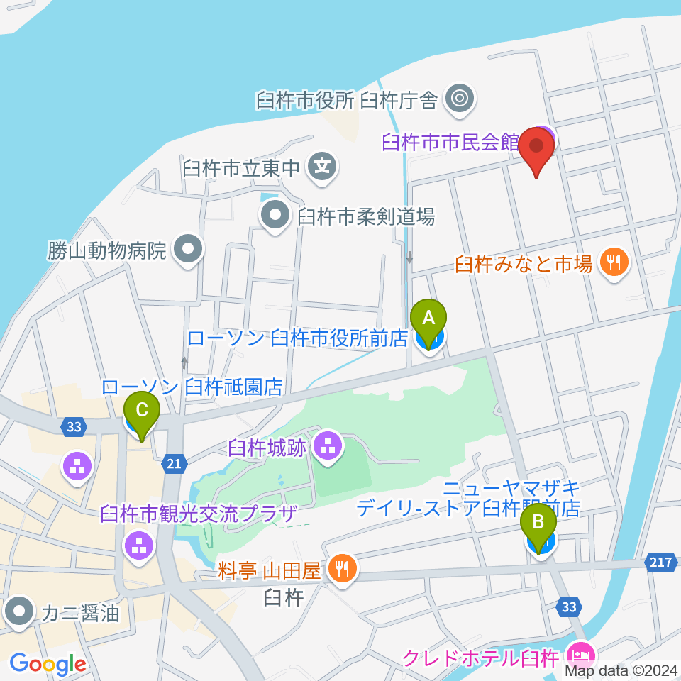 臼杵市民会館周辺のコンビニエンスストア一覧地図