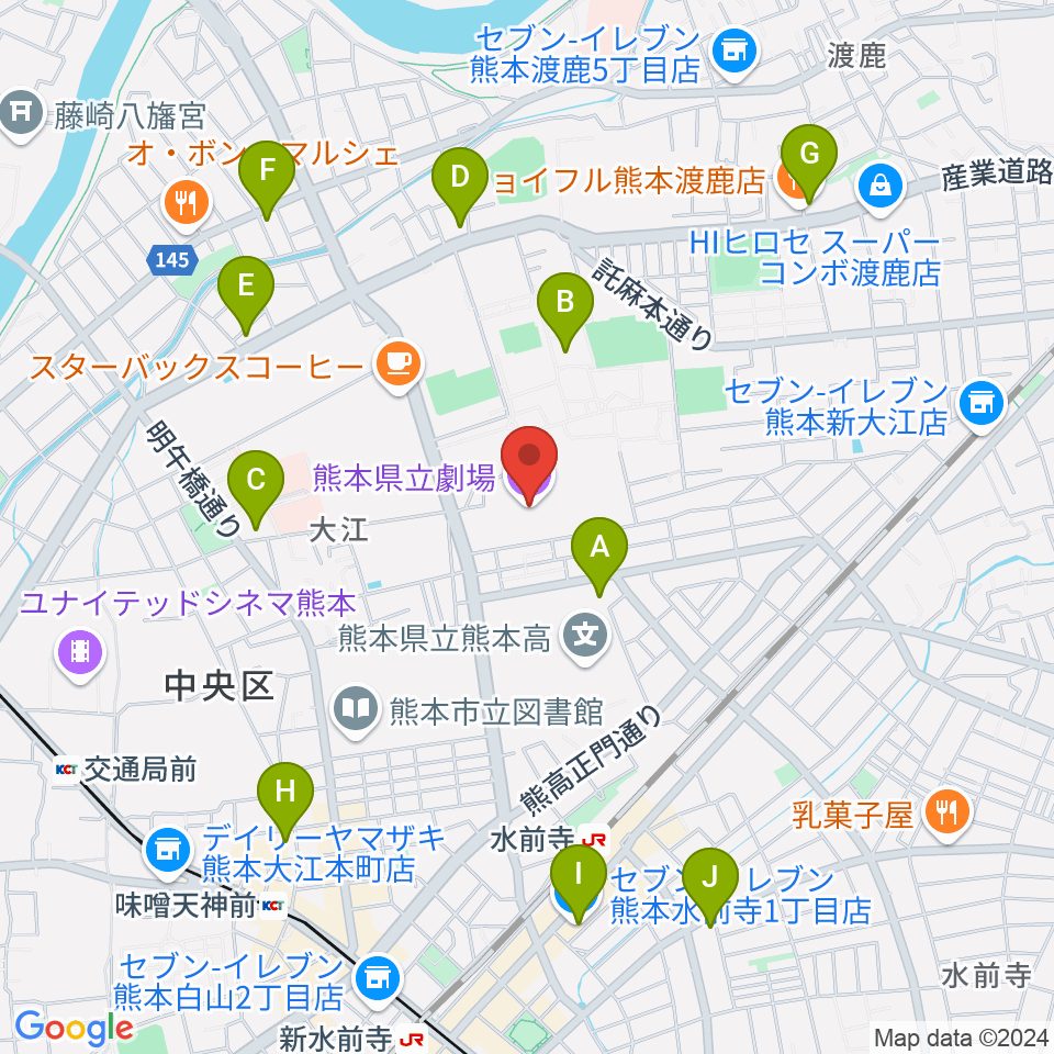 熊本県立劇場周辺のコンビニエンスストア一覧地図