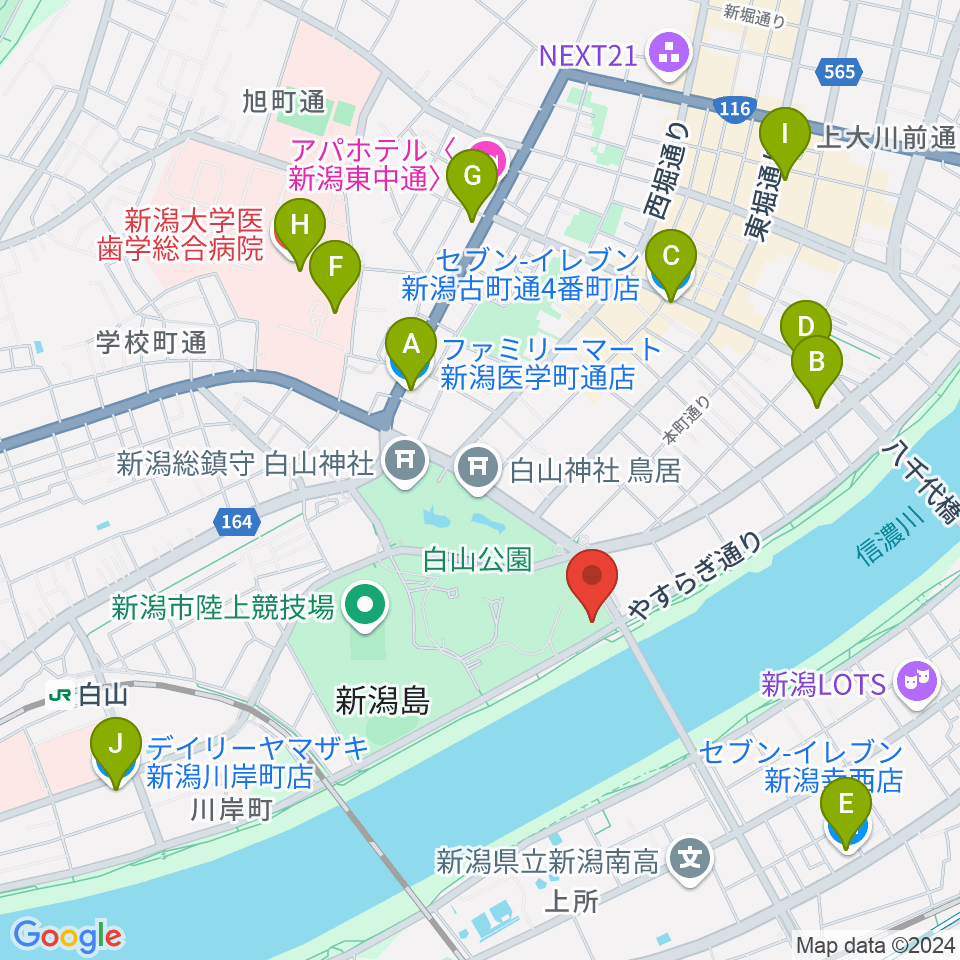 新潟市音楽文化会館周辺のコンビニエンスストア一覧地図