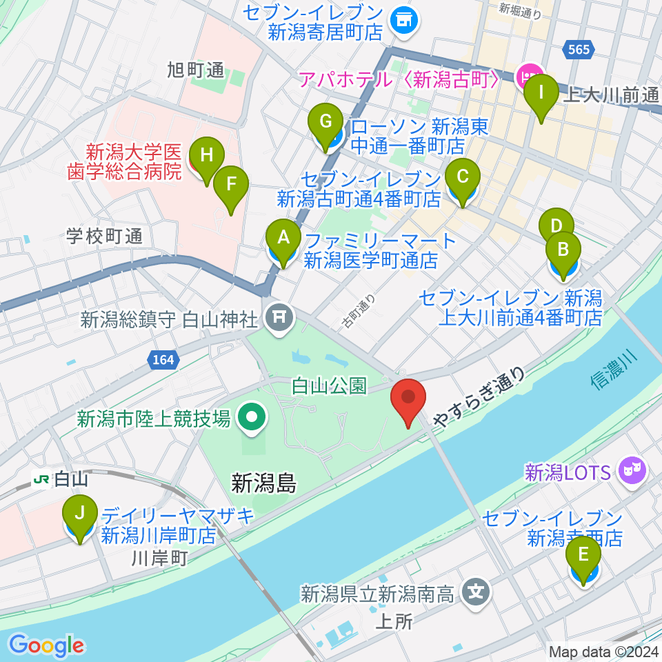 新潟市音楽文化会館周辺のコンビニエンスストア一覧地図