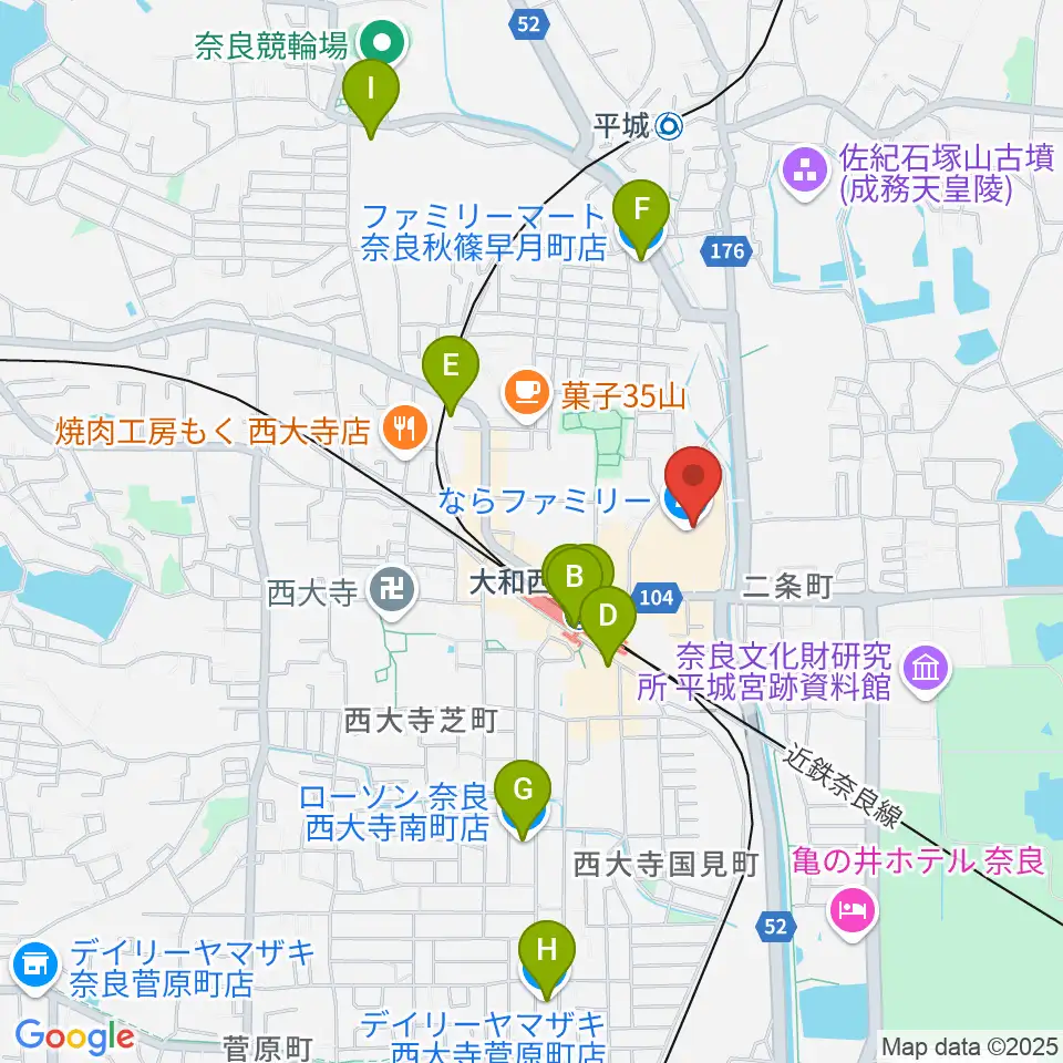 秋篠音楽堂周辺のコンビニエンスストア一覧地図