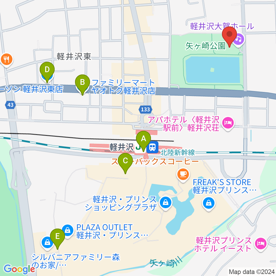 軽井沢大賀ホール周辺のコンビニエンスストア一覧地図