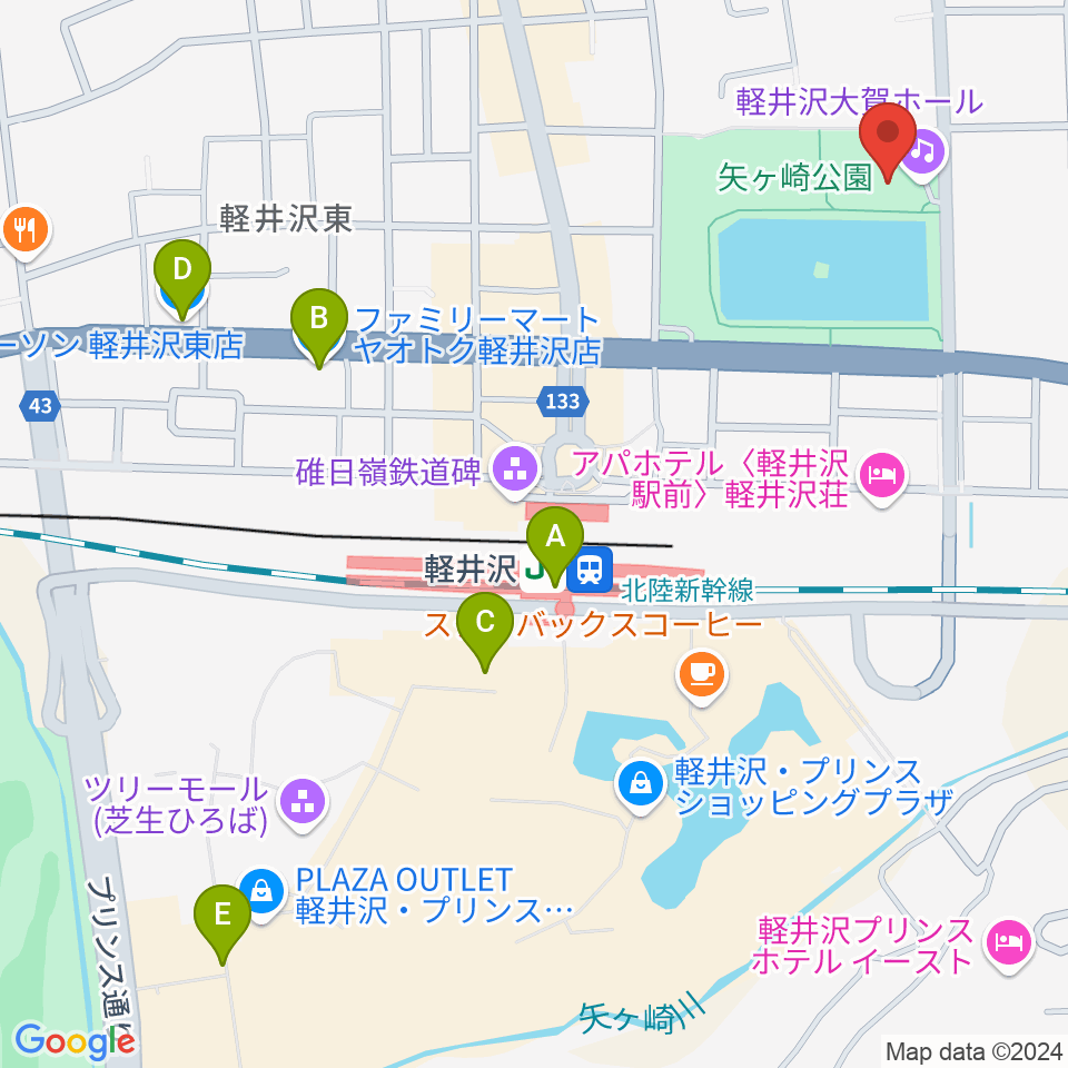 軽井沢大賀ホール周辺のコンビニエンスストア一覧地図