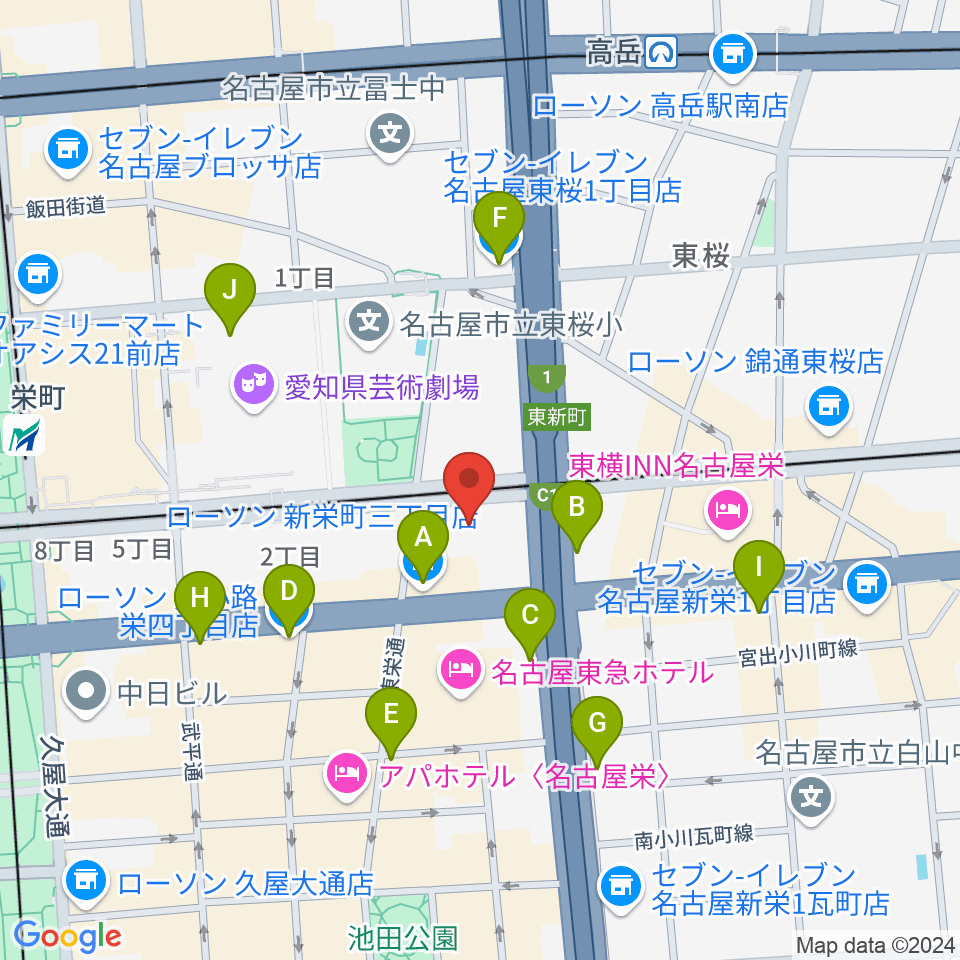 中電ホール周辺のコンビニエンスストア一覧地図