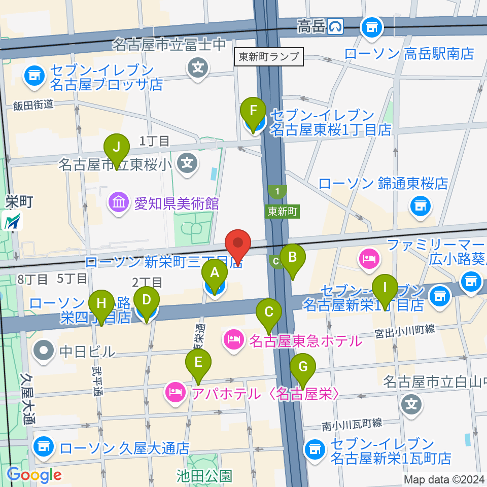 中電ホール周辺のコンビニエンスストア一覧地図