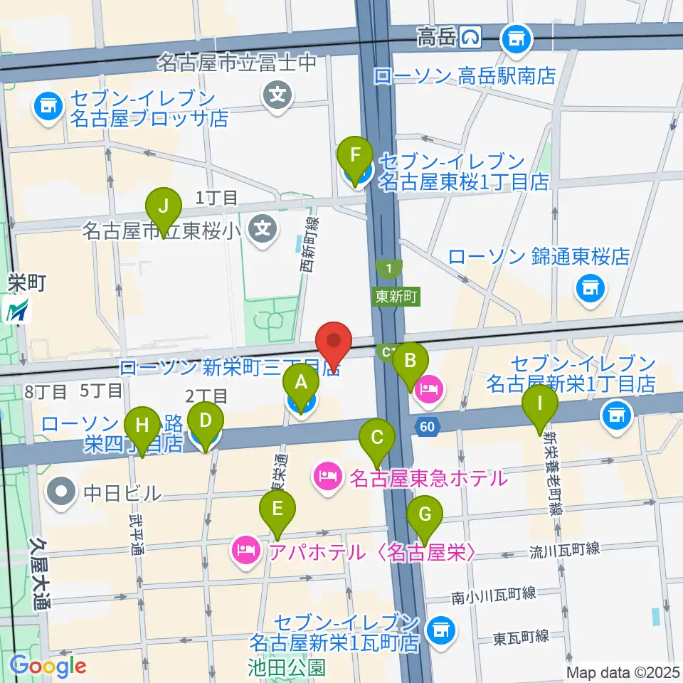 中電ホール周辺のコンビニエンスストア一覧地図