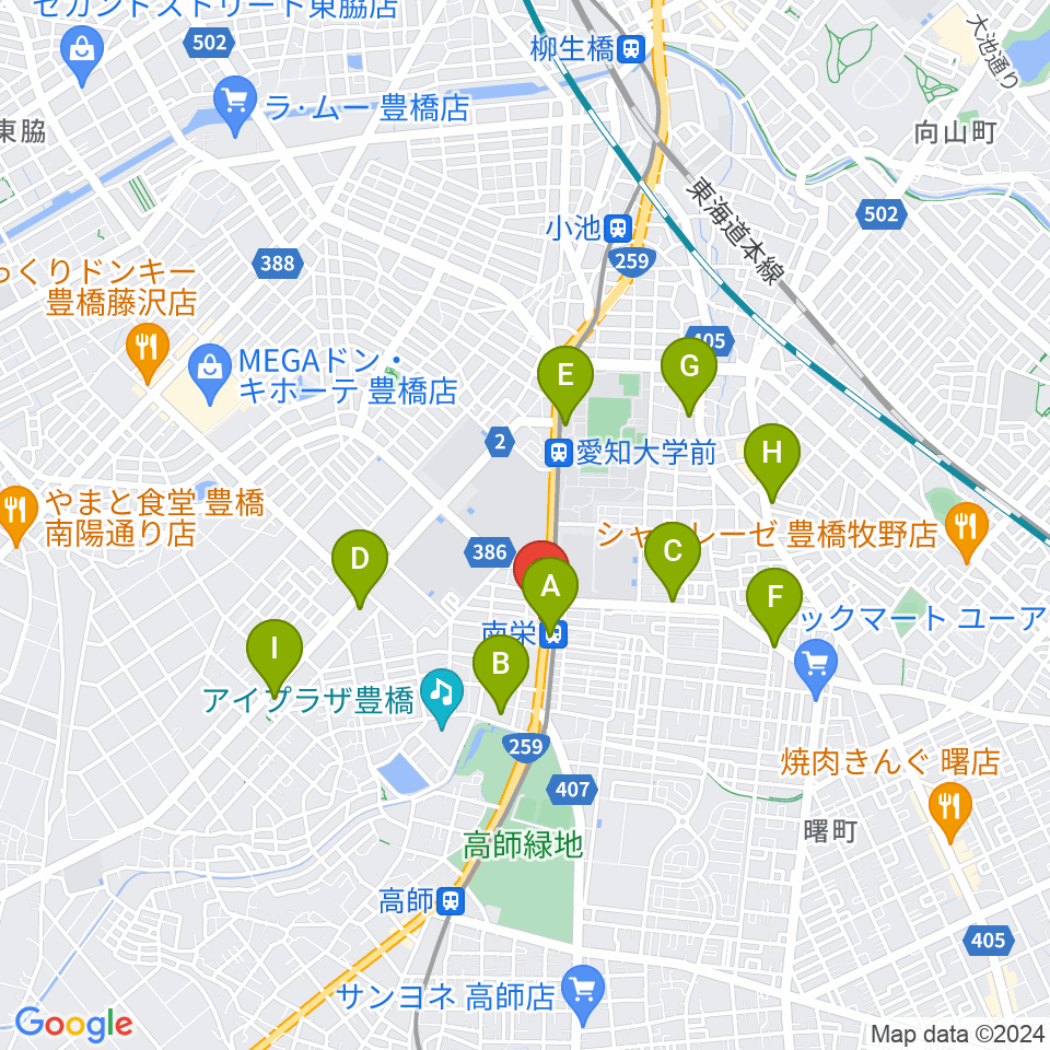 豊橋オレンジピット周辺のコンビニエンスストア一覧地図