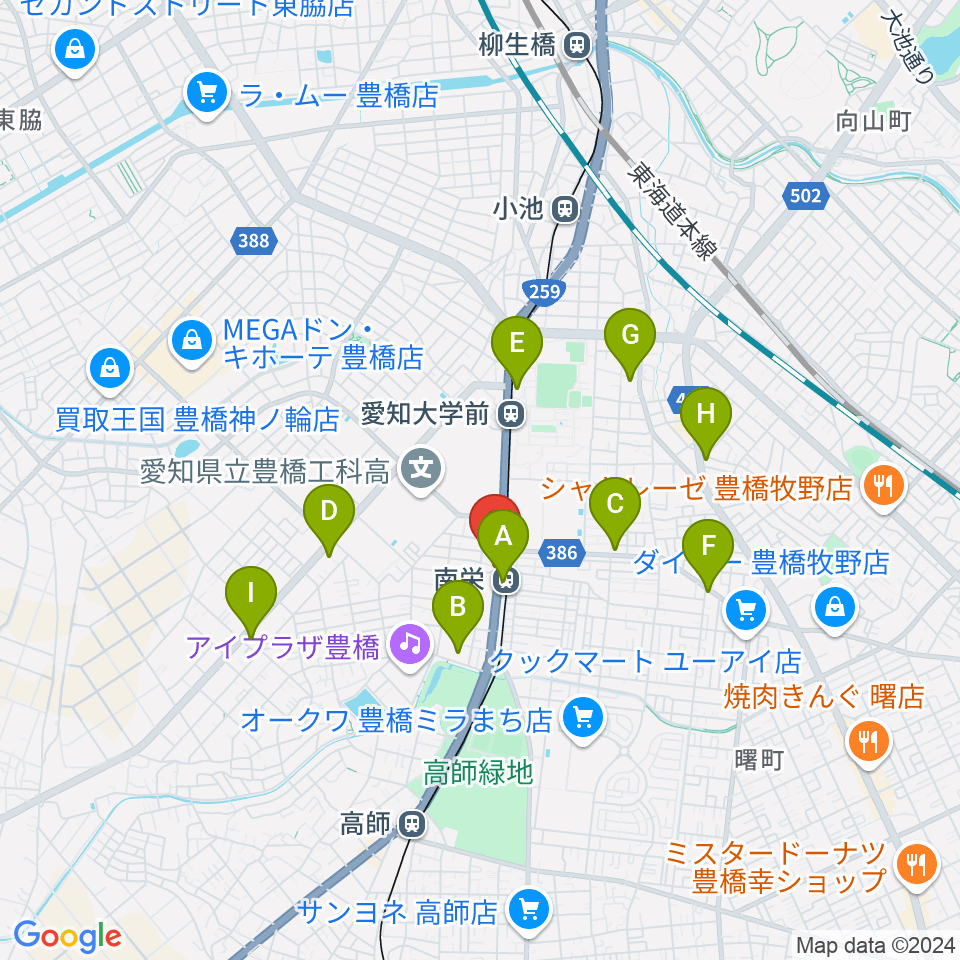 豊橋オレンジピット周辺のコンビニエンスストア一覧地図