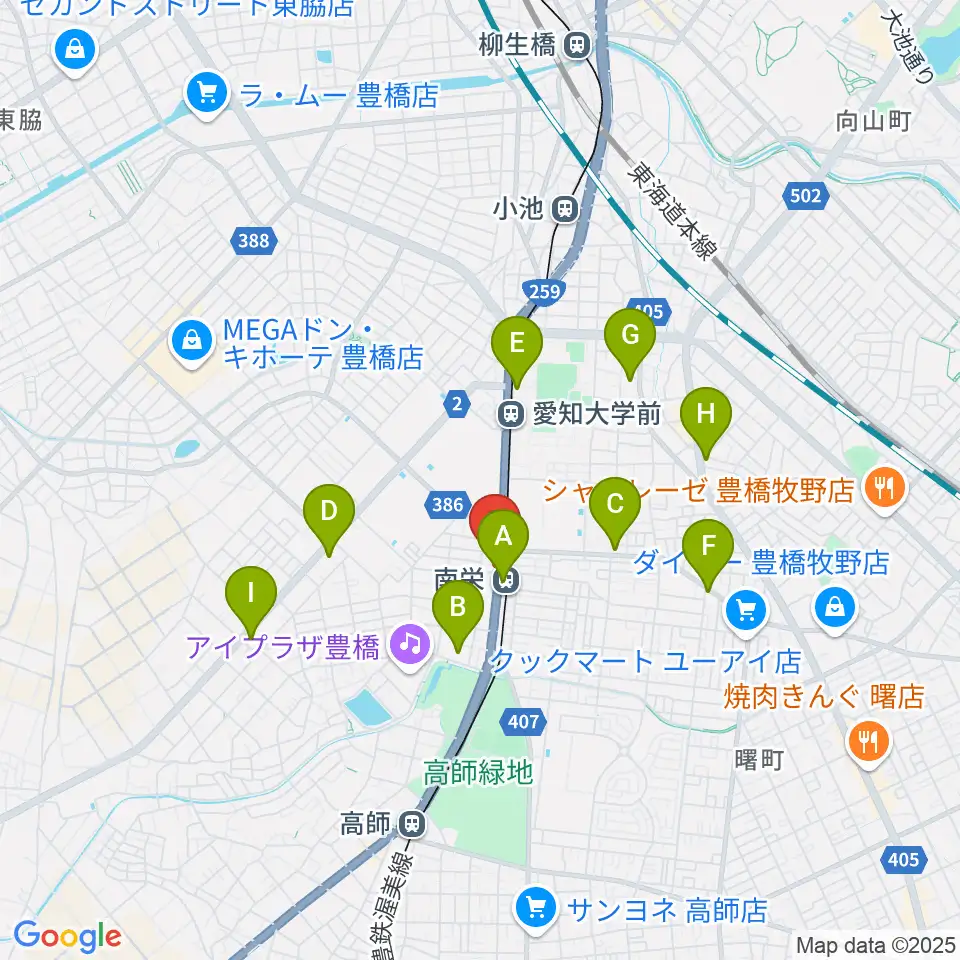 豊橋オレンジピット周辺のコンビニエンスストア一覧地図