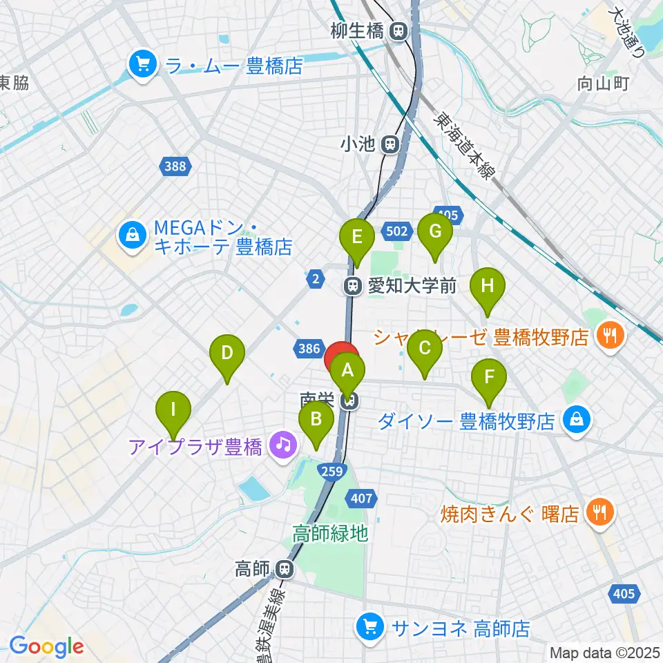 豊橋オレンジピット周辺のコンビニエンスストア一覧地図