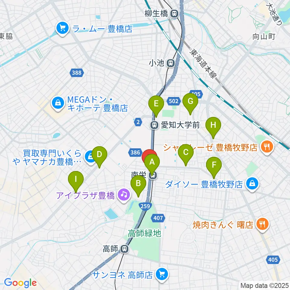豊橋オレンジピット周辺のコンビニエンスストア一覧地図