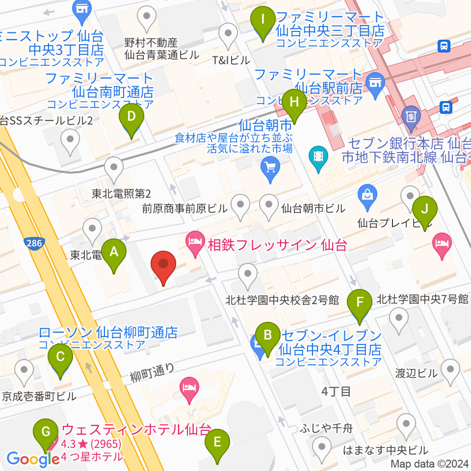 仙台中央音楽センター 音楽教室周辺のコンビニエンスストア一覧地図