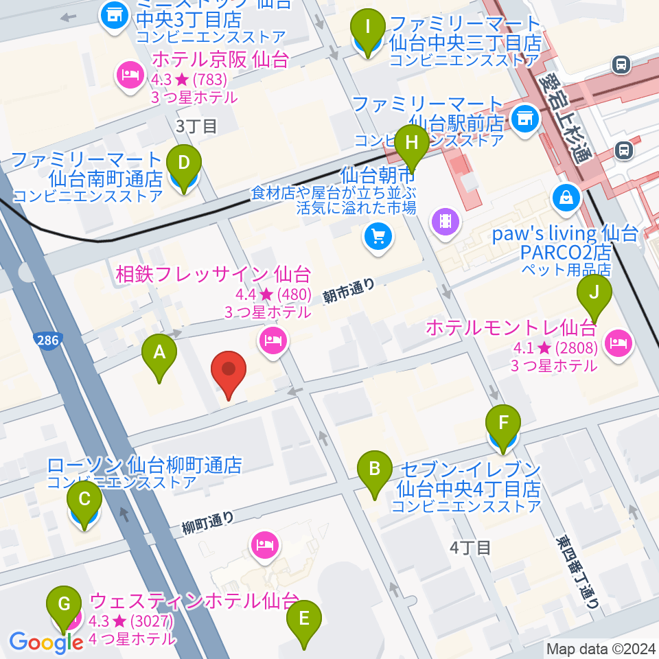 仙台中央音楽センター 音楽教室周辺のコンビニエンスストア一覧地図