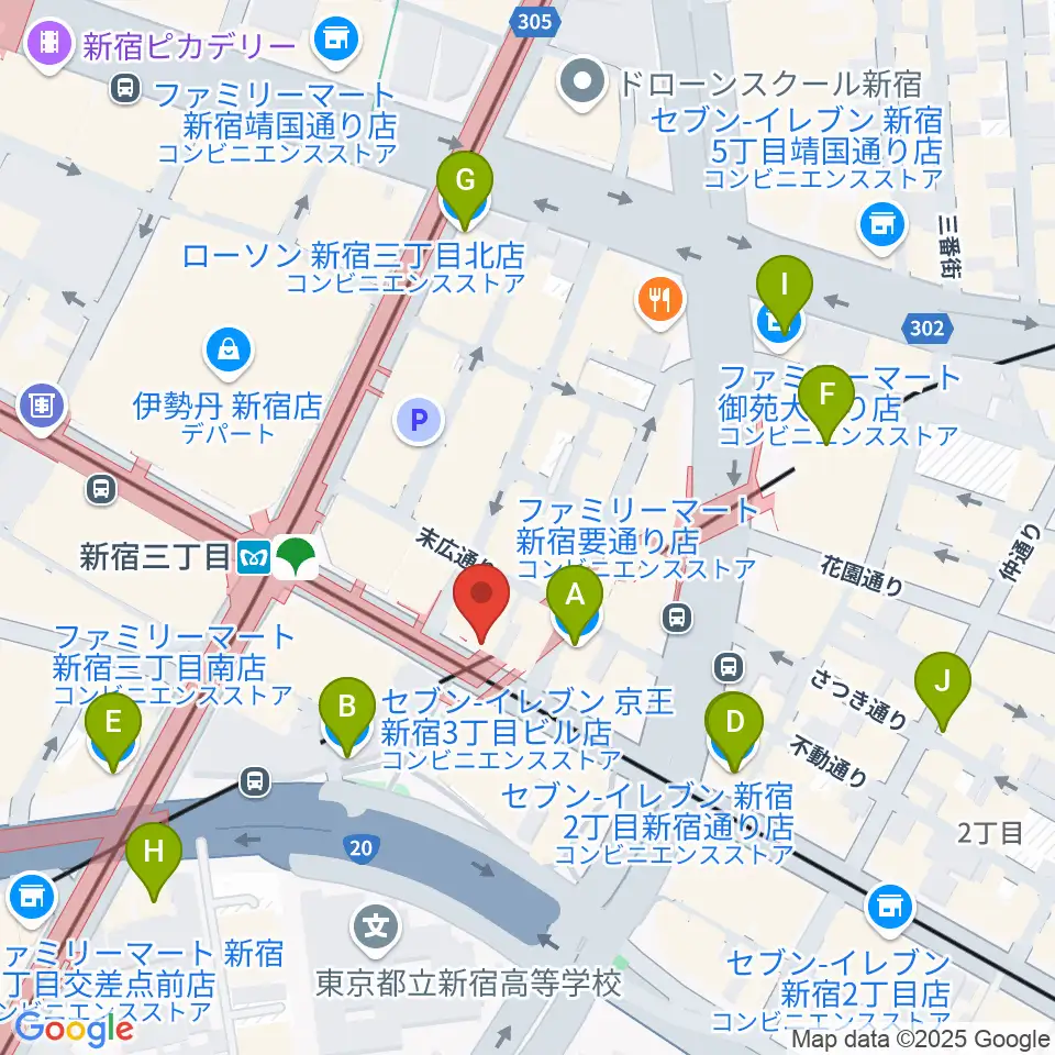 イシバシ楽器 新宿店周辺のコンビニエンスストア一覧地図