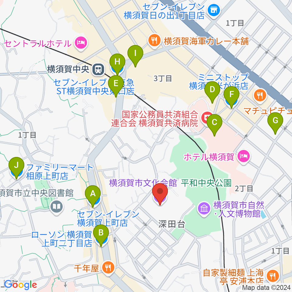 横須賀市文化会館周辺のコンビニエンスストア一覧地図