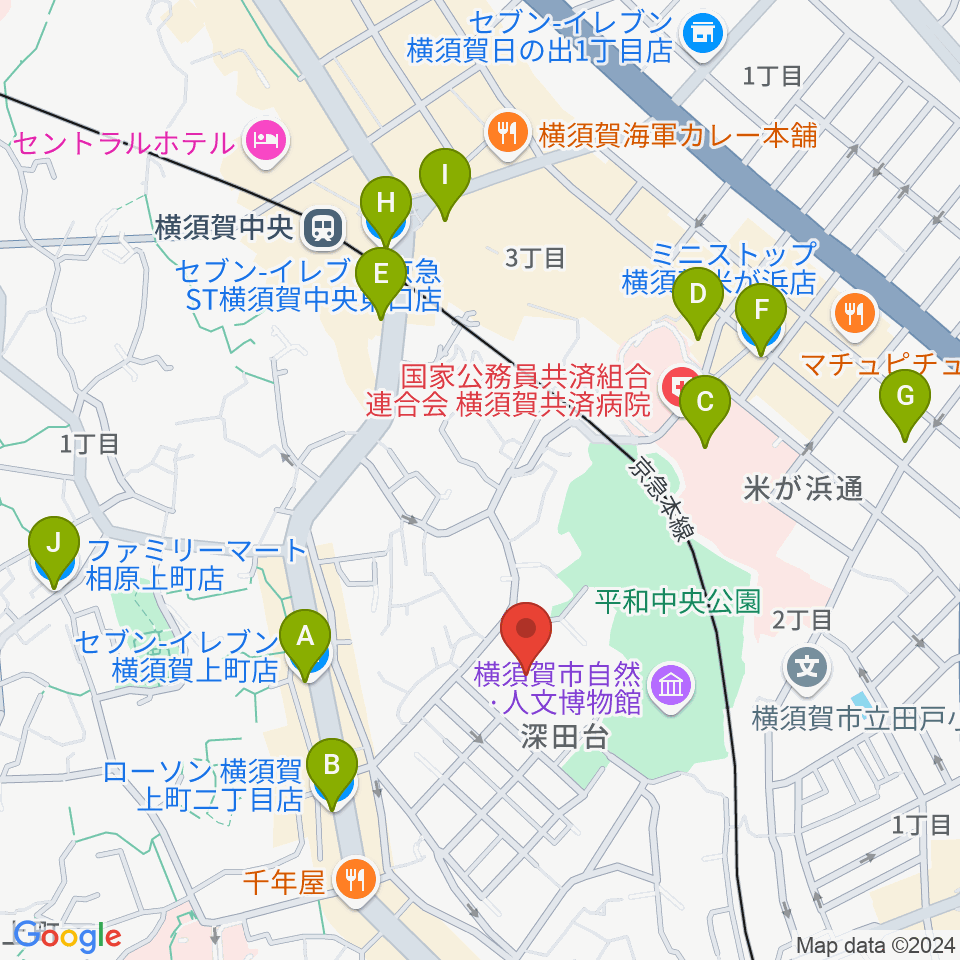 横須賀市文化会館周辺のコンビニエンスストア一覧地図