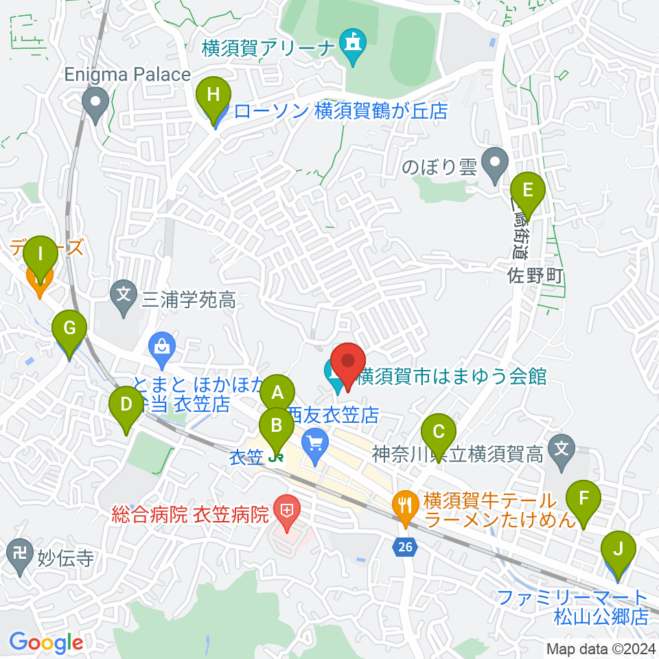 横須賀市はまゆう会館周辺のコンビニエンスストア一覧地図