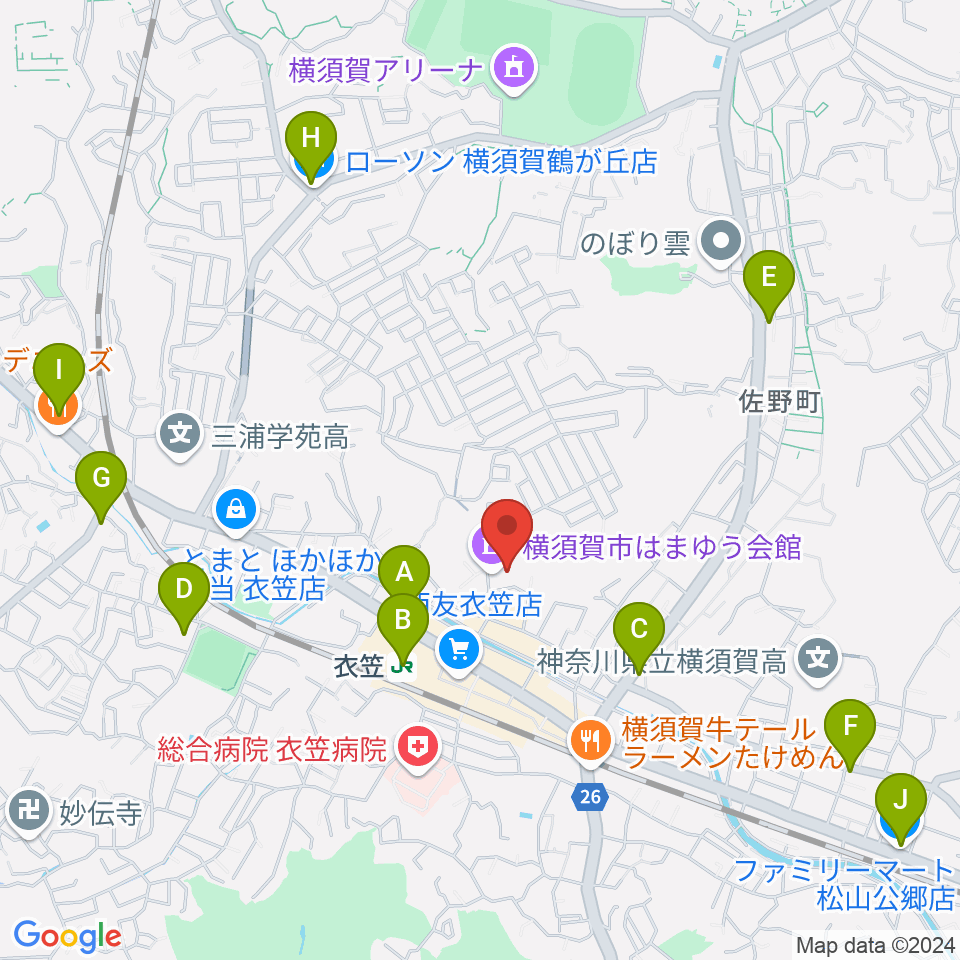 横須賀市はまゆう会館周辺のコンビニエンスストア一覧地図