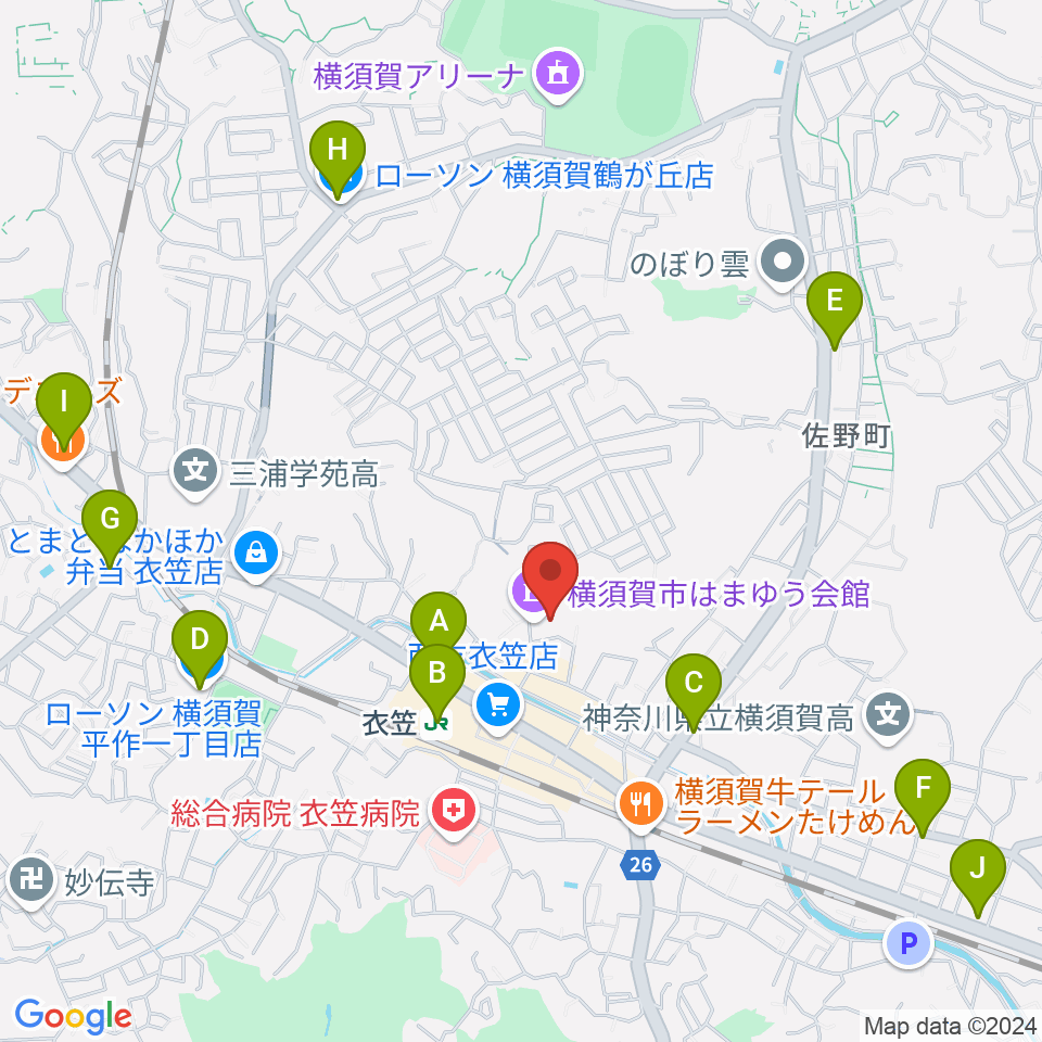 横須賀市はまゆう会館周辺のコンビニエンスストア一覧地図