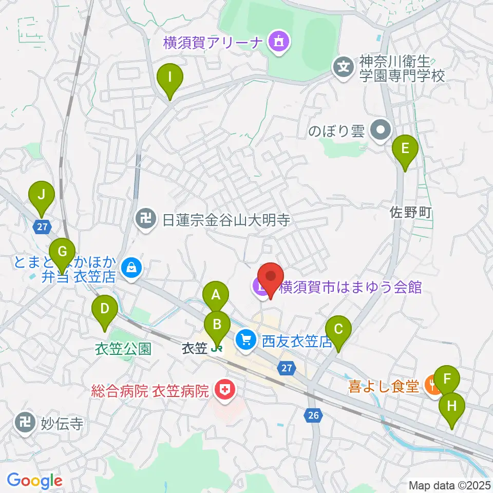 横須賀市はまゆう会館周辺のコンビニエンスストア一覧地図