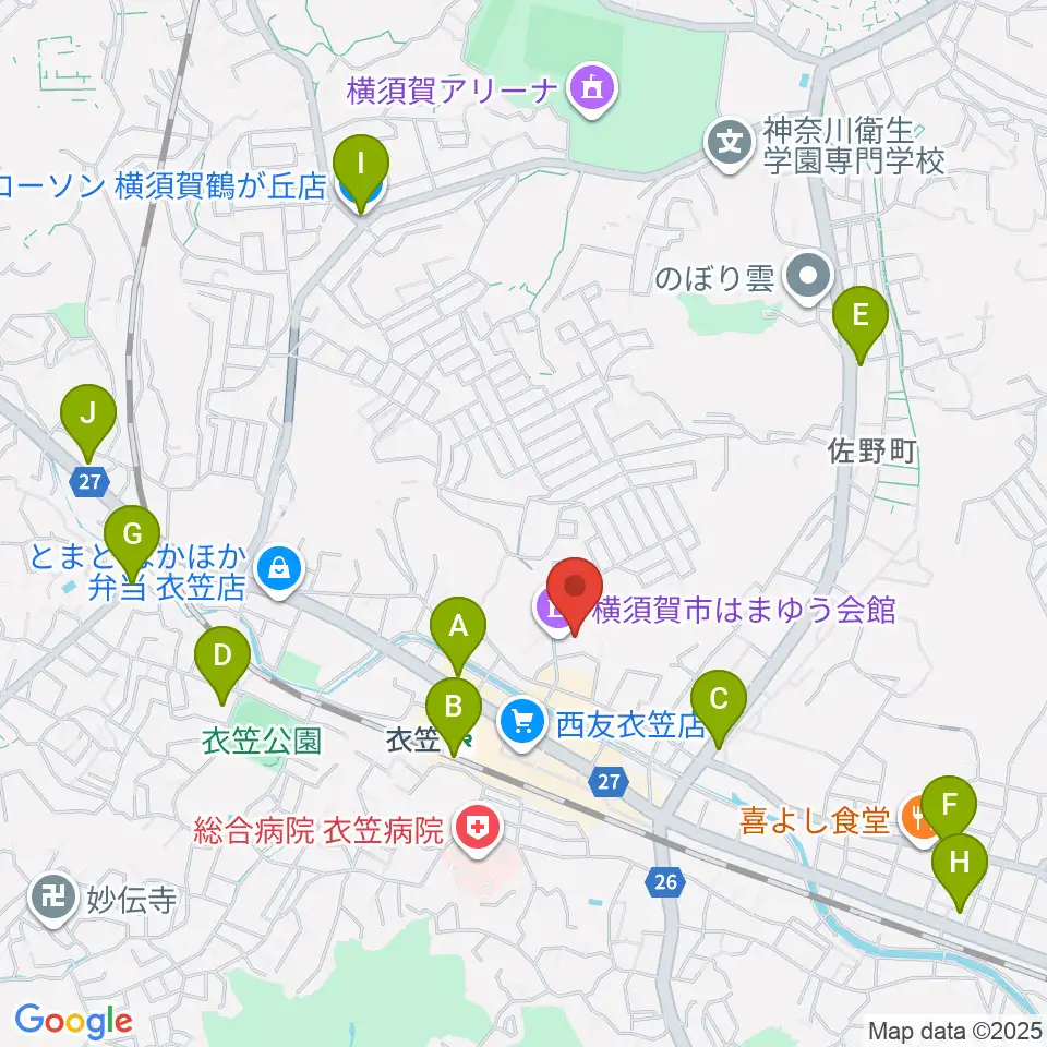 横須賀市はまゆう会館周辺のコンビニエンスストア一覧地図
