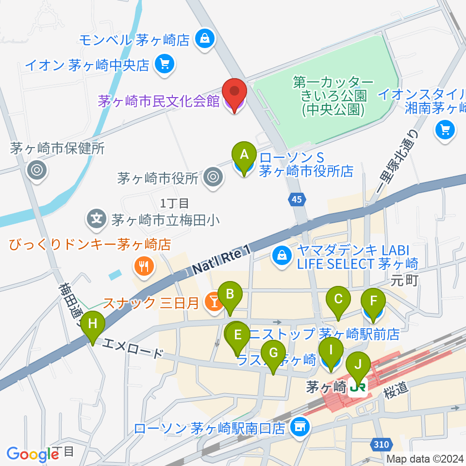 茅ヶ崎市民文化会館周辺のコンビニエンスストア一覧地図