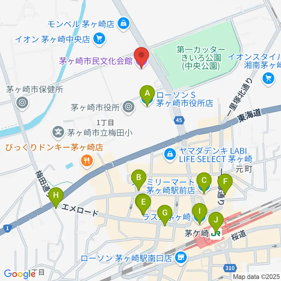 茅ヶ崎市民文化会館周辺のコンビニエンスストア一覧地図