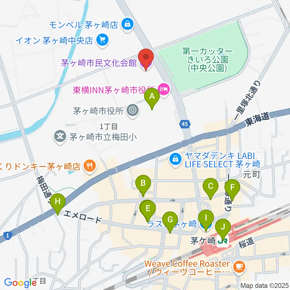 茅ヶ崎市民文化会館周辺のコンビニエンスストア一覧地図