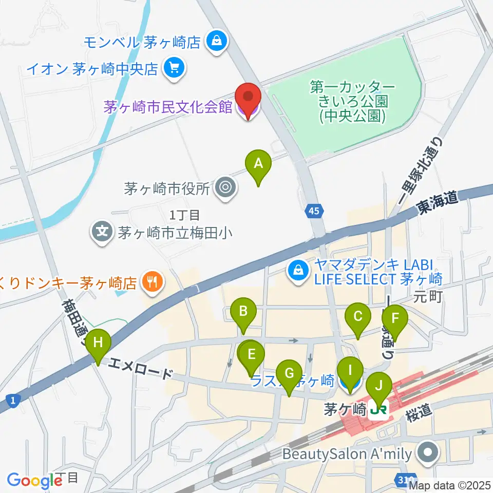 茅ヶ崎市民文化会館周辺のコンビニエンスストア一覧地図
