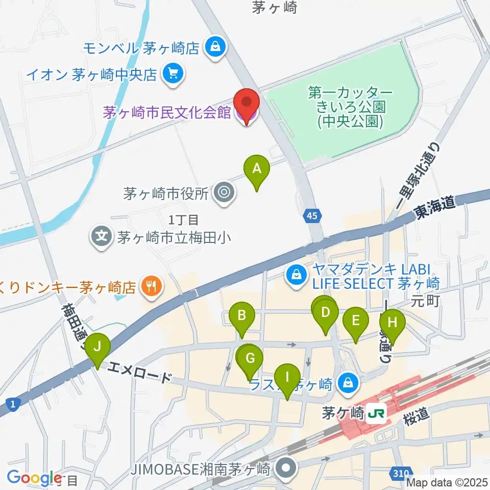 茅ヶ崎市民文化会館周辺のコンビニエンスストア一覧地図