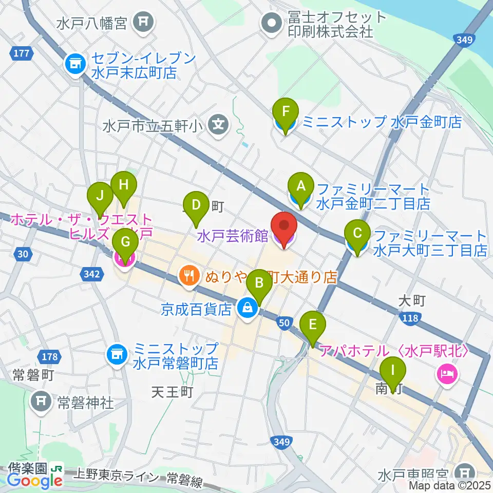 水戸芸術館周辺のコンビニエンスストア一覧地図