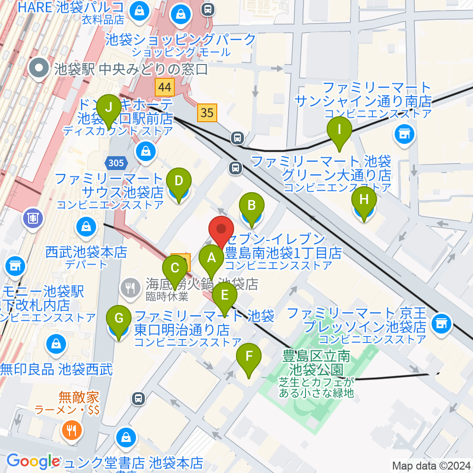 クロサワ楽器池袋店 エレキ本館周辺のコンビニエンスストア一覧地図