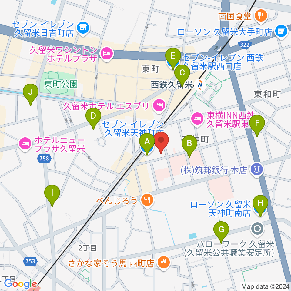 木下楽器店クルメセンター周辺のコンビニエンスストア一覧地図