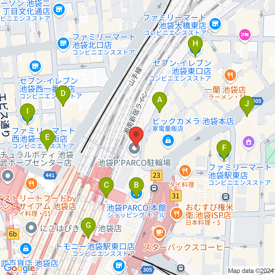 イシバシ楽器 池袋店周辺のコンビニエンスストア一覧地図