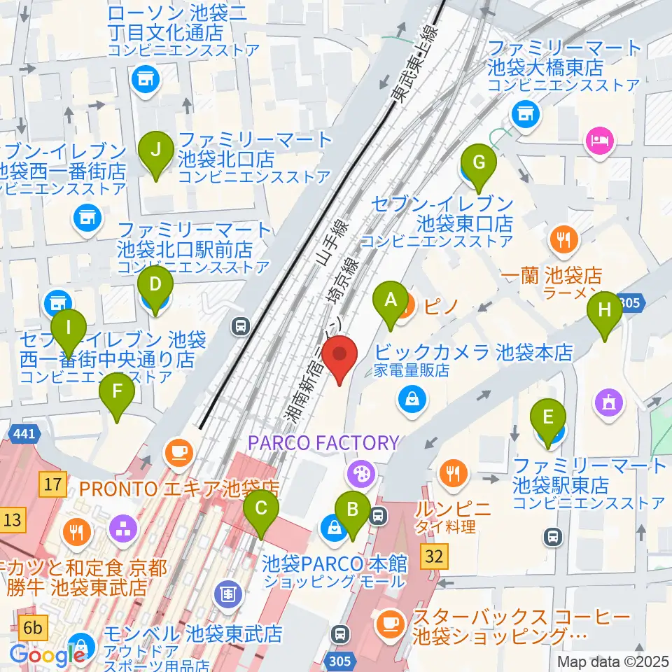 イシバシ楽器 池袋店周辺のコンビニエンスストア一覧地図