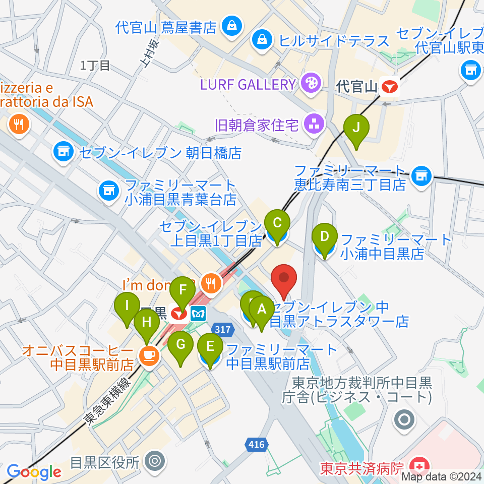 スズキ・メソード中目黒教室周辺のコンビニエンスストア一覧地図