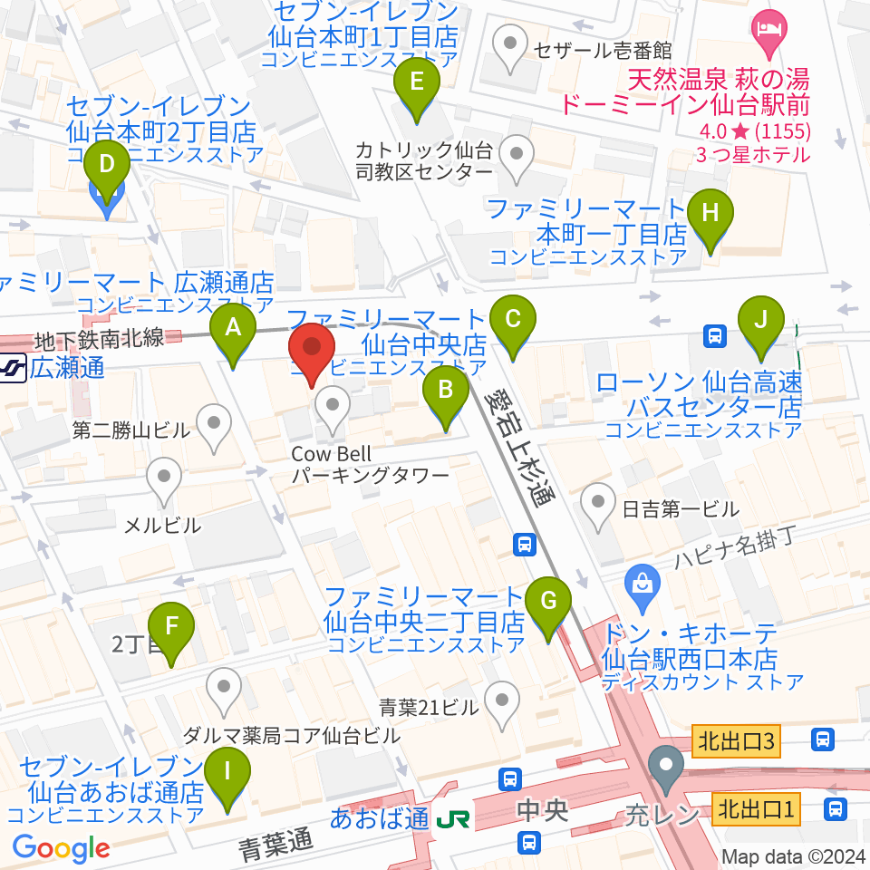 グレースハープ仙台店周辺のコンビニエンスストア一覧地図