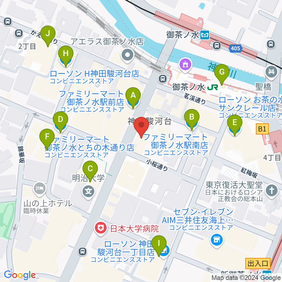 クロサワバイオリンお茶の水店周辺のコンビニエンスストア一覧地図