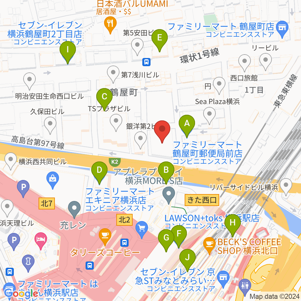 クロサワバイオリン横浜店周辺のコンビニエンスストア一覧地図