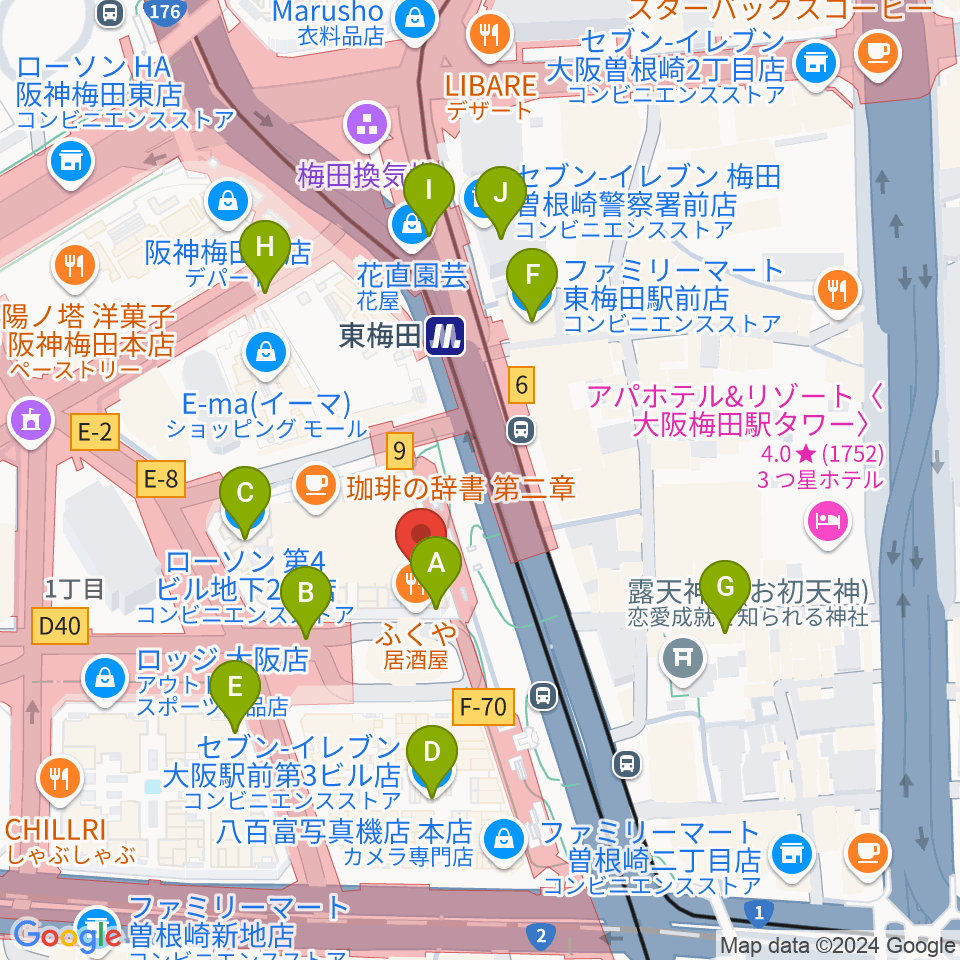 クロサワバイオリン大阪梅田店周辺のコンビニエンスストア一覧地図