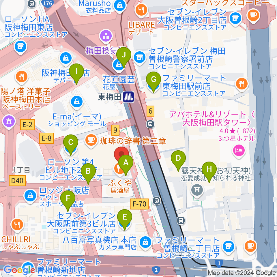 クロサワバイオリン大阪梅田店周辺のコンビニエンスストア一覧地図