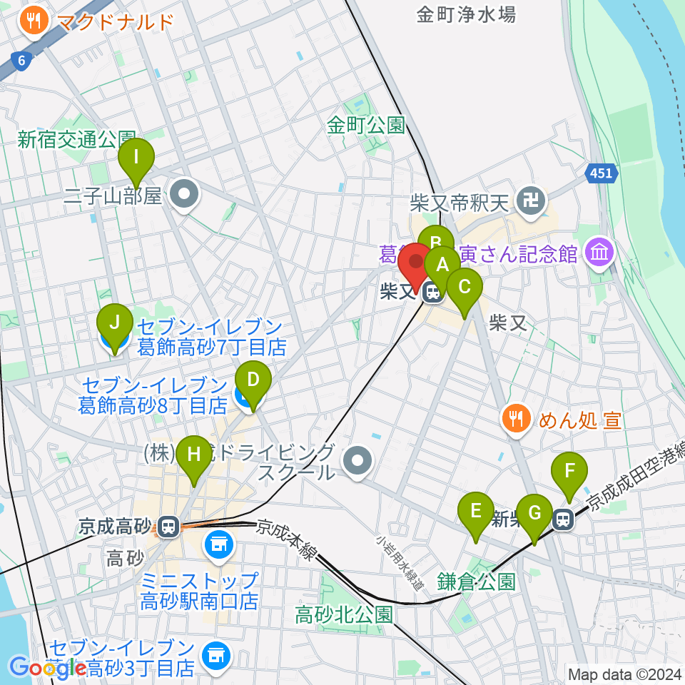 葛飾しばまた音楽教室周辺のコンビニエンスストア一覧地図